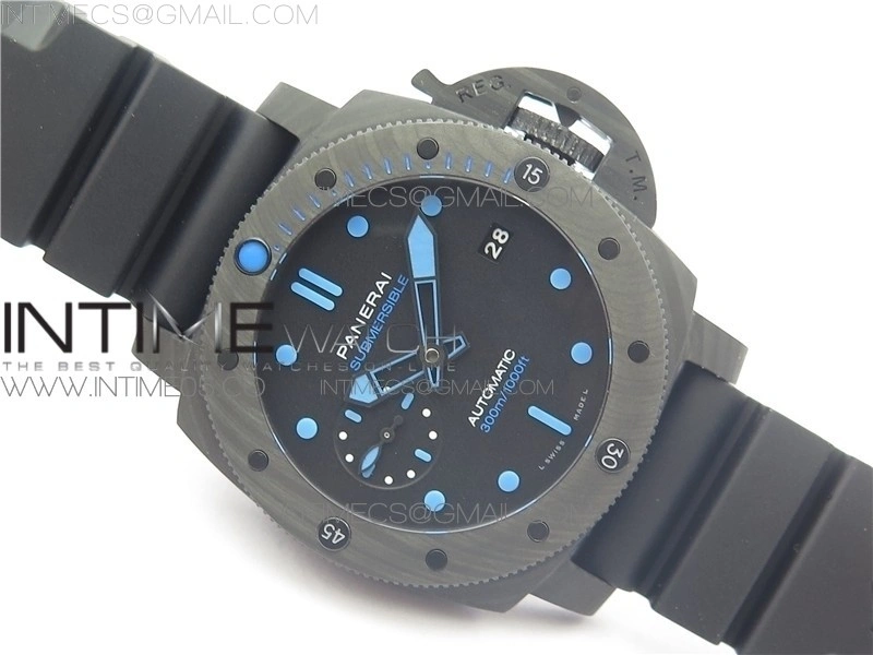 PAM960 Carbotech 42mm VSF 1:1 Best Edition Black Dial Blue Markers on Rubber Strap P.9010 Clone